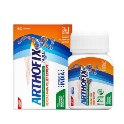 A bottle of Arthofix Tablet, a herbal pain relief expert containing 60 tablets with 3 in 1 action along with its packaging.