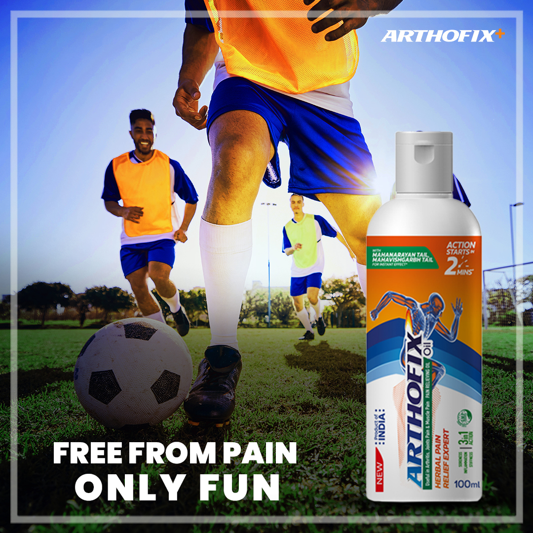 Promotional advertisement for Arthofix pain relief spray, featuring an action-packed scene of soccer players on a grassy field, with a large product bottle and the slogan ‘Free From Pain Only Fun’.