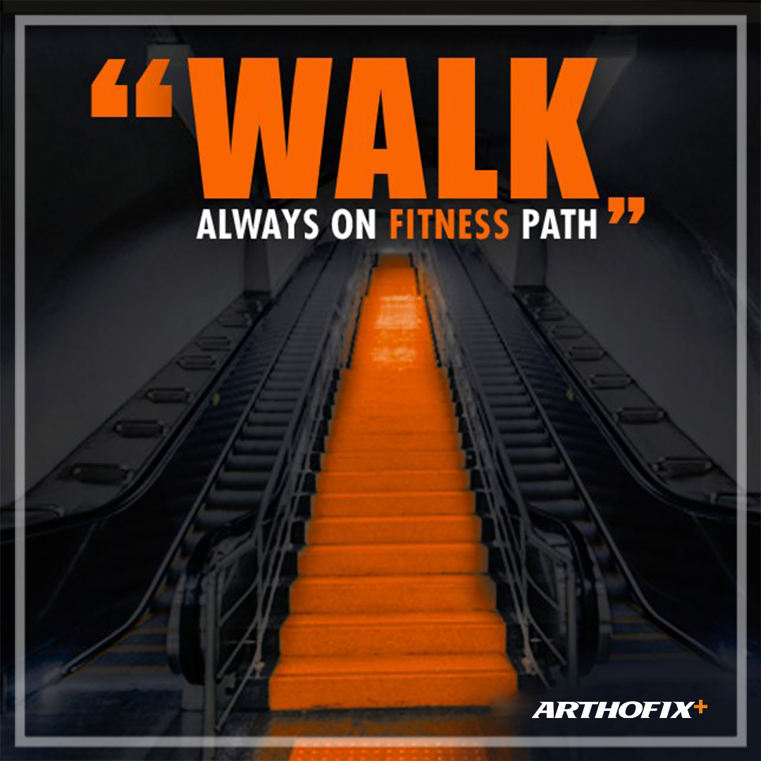 Motivational illustration of an escalator with bright orange steps and the phrase ‘Walk Always on Fitness Path’, symbolizing the journey towards health and fitness, with the Arthofix logo in the corner.