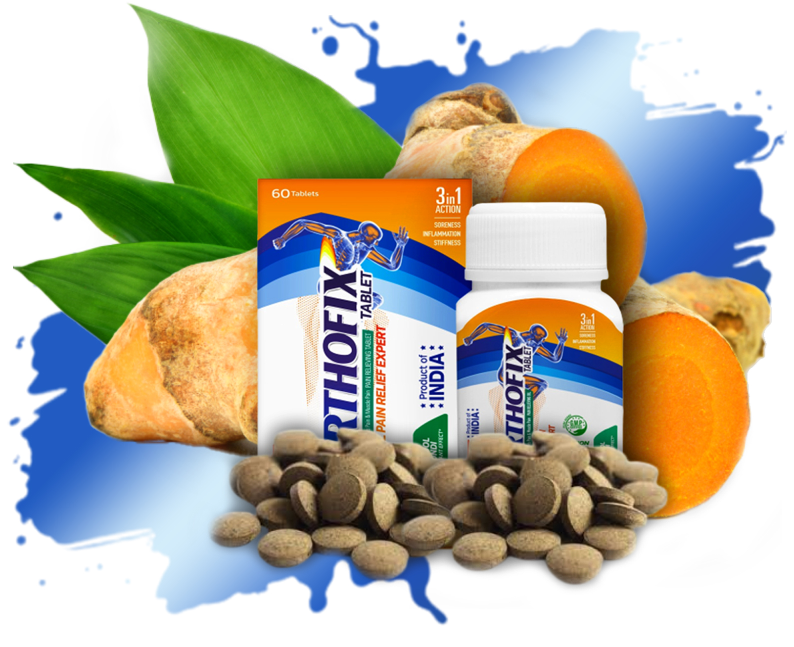 A Bottle of Arthofix Tablet, a herbal pain relief solution along with its packaging surrounding by its key ingredients
