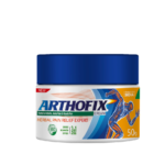 A jar of Arthofix cream, an Ayurvedic herbal pain relief cream, with a blue and orange label and a dark blue cap. The label features a person in a yoga pose and the words ‘Arthofix cream’, ‘herbal pain relief’, ‘action starts in 2 mins’, and ‘50g’. This product represents the theme of organic and Ayurvedic wellness.
