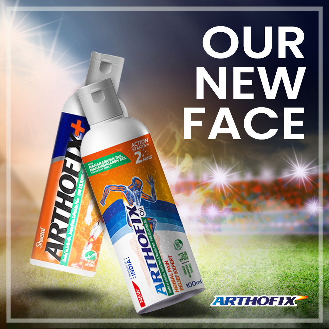 Two redesigned Arthofix spray bottles, 100ml each, against a vibrant stadium background. The new label features an athlete, reflecting its use in sports and physical activity. The product offers warming and relaxing effects, with action starting in 2 minutes.